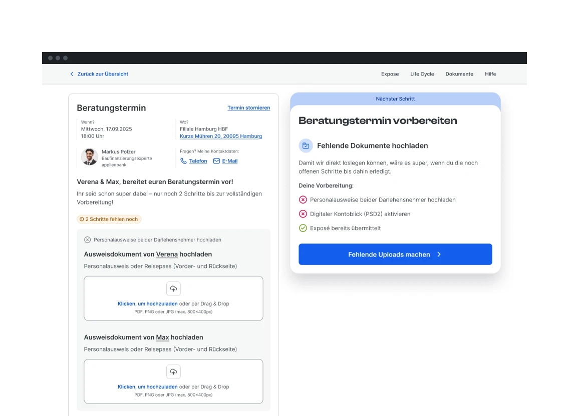 Dashboard Details zum Beratungstermin