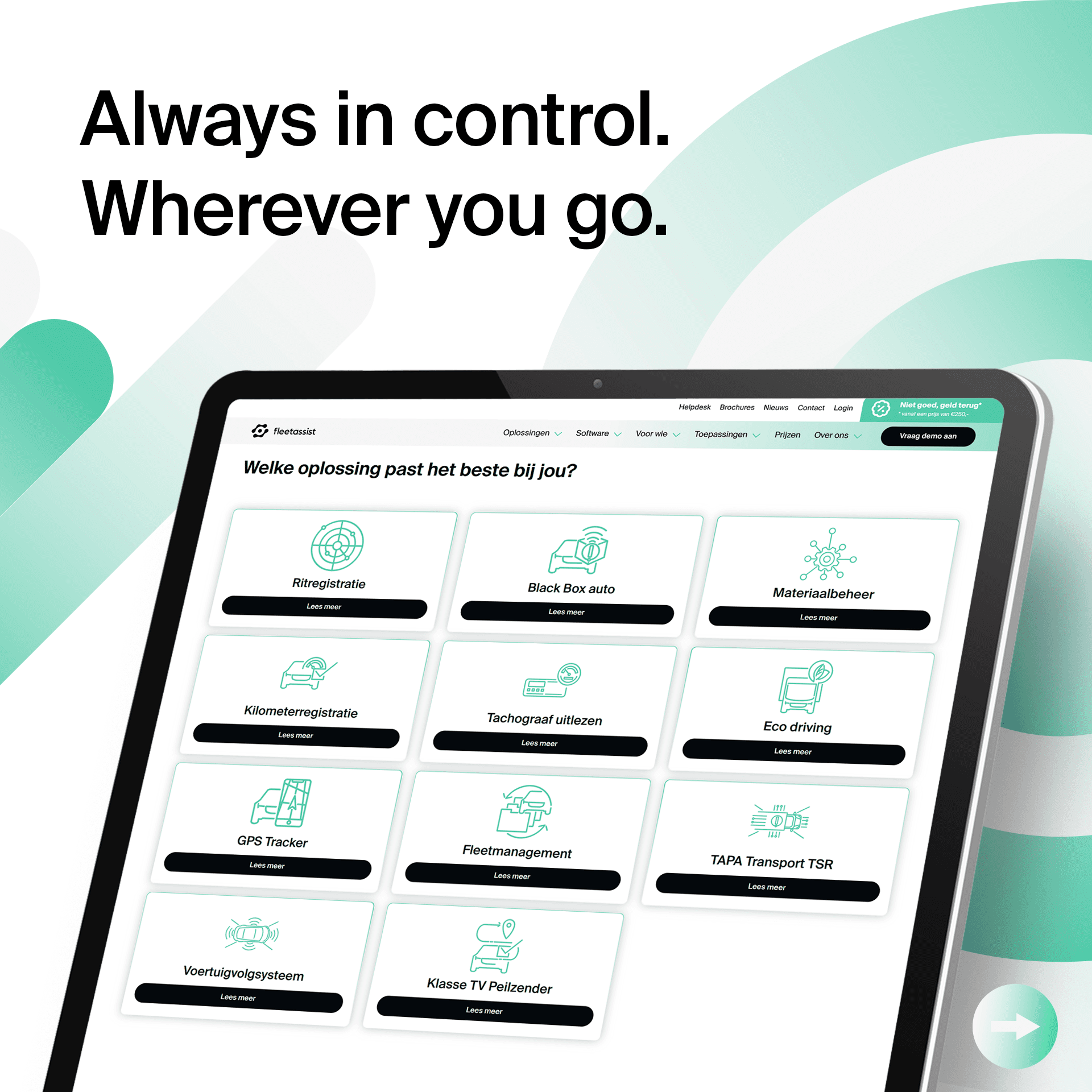 Website-visual Live volgen: een busje op een kustweg met een locatie-icoon