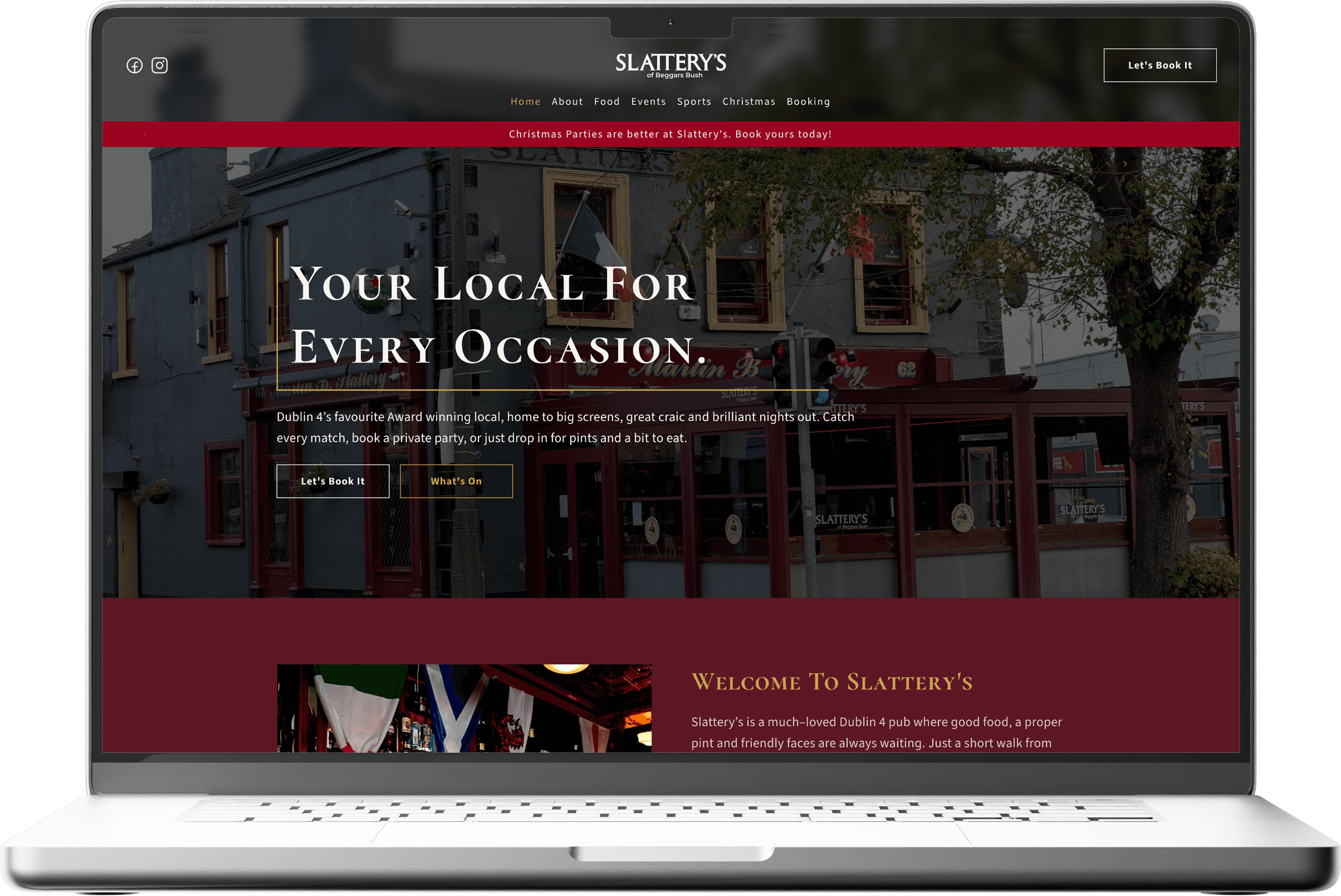 Website UI for Slattery's Bar in Dublin 4. Shows Call toa ctions to book a table and some imagery of the bar itself.