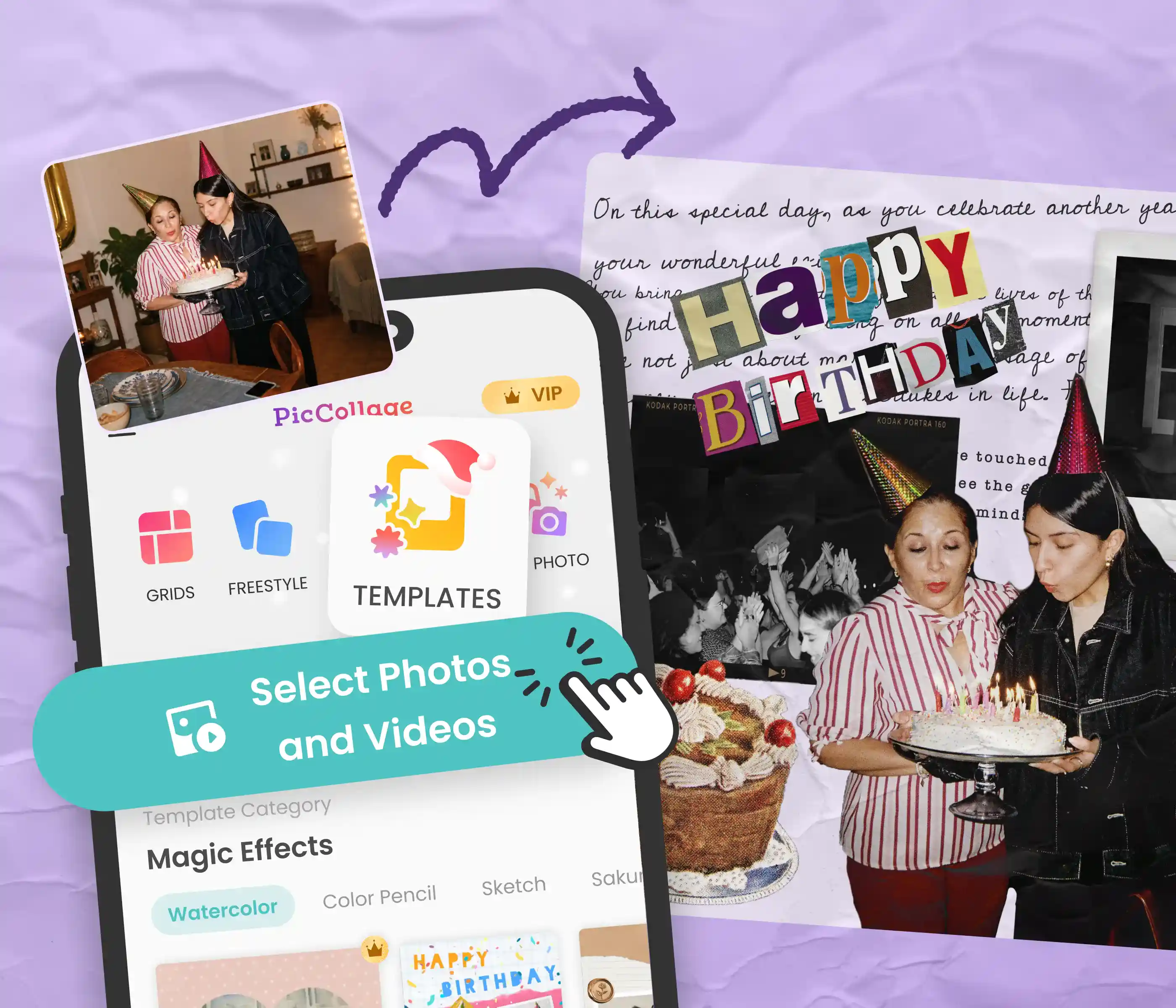 Phone mockup showing a birthday card in PicCollage with two women, cake, and Happy Birthday cut-out letters
