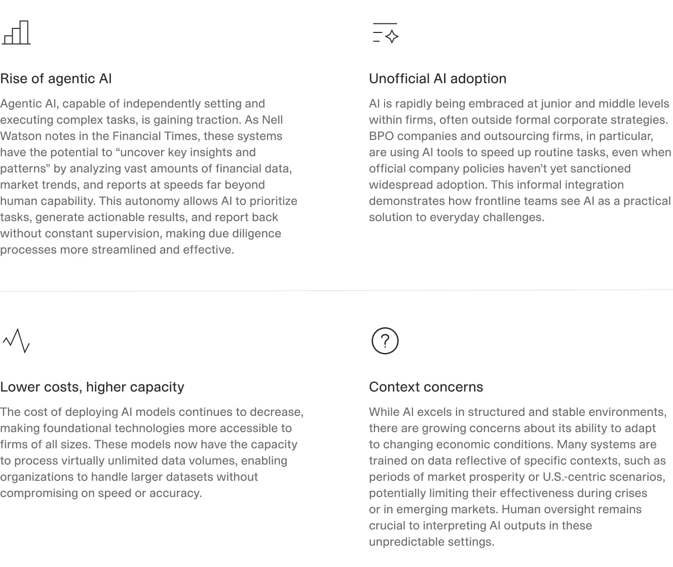  grid showcasing emerging AI trends like agentic AI, unofficial adoption, lower costs, and context challenges, with concise descriptions for each.