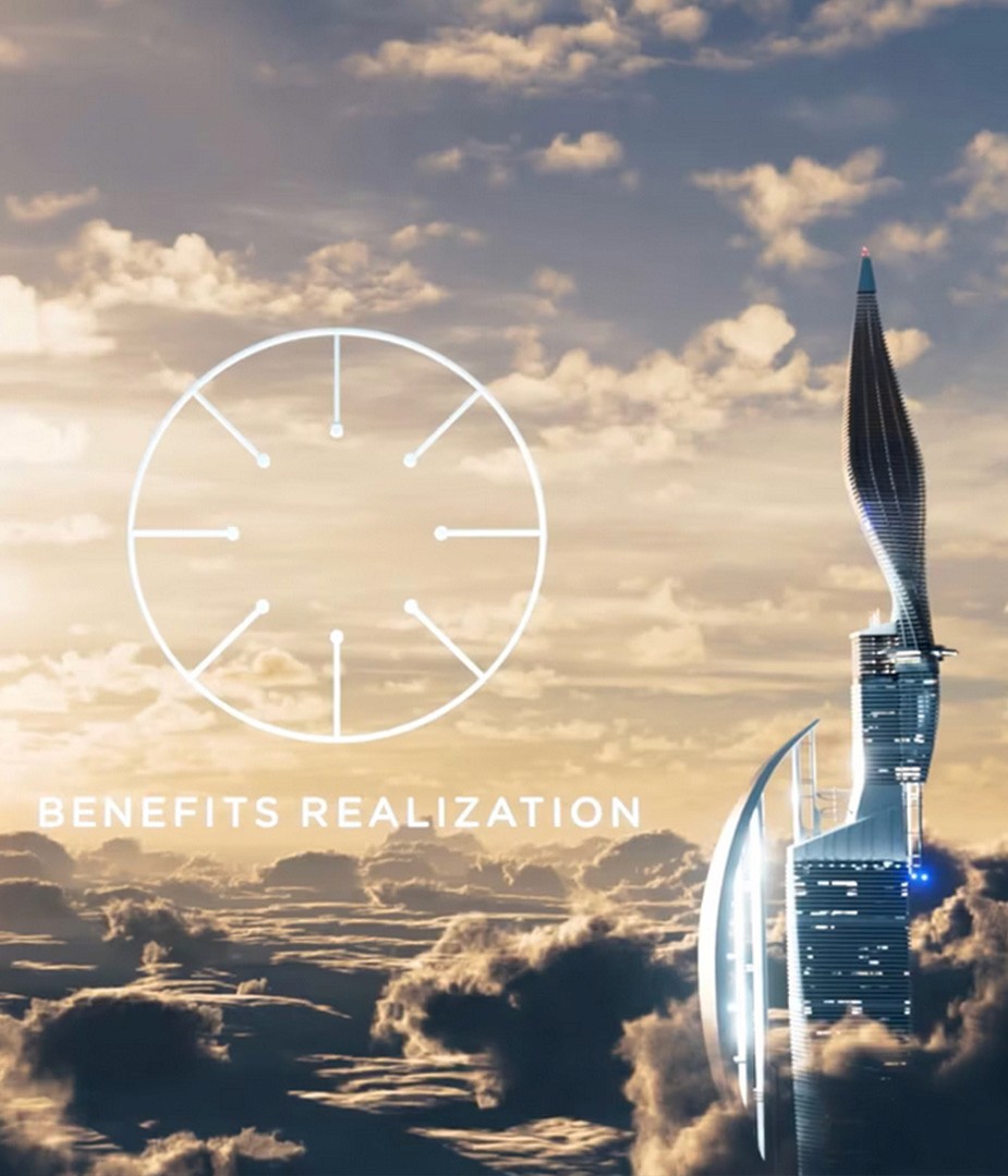 Futuristic skyscraper emerging from clouds at sunrise with benefits realization icon, visualizing AI-powered business growth for Accenture Intelligence Market motion design.