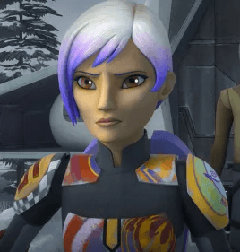 Sabine Wren with purple and white hair wearing graffiti covered Mandalorian armor 