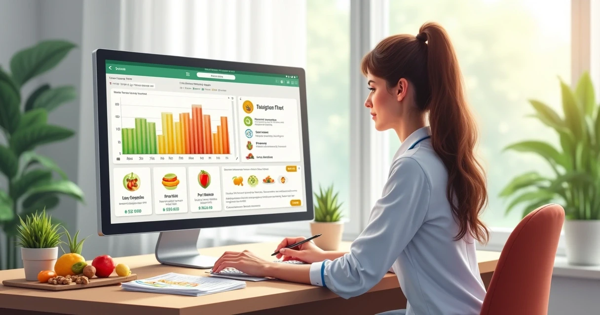 Nutricionista verificando informações em tela de computador com gráfico e chatbot 