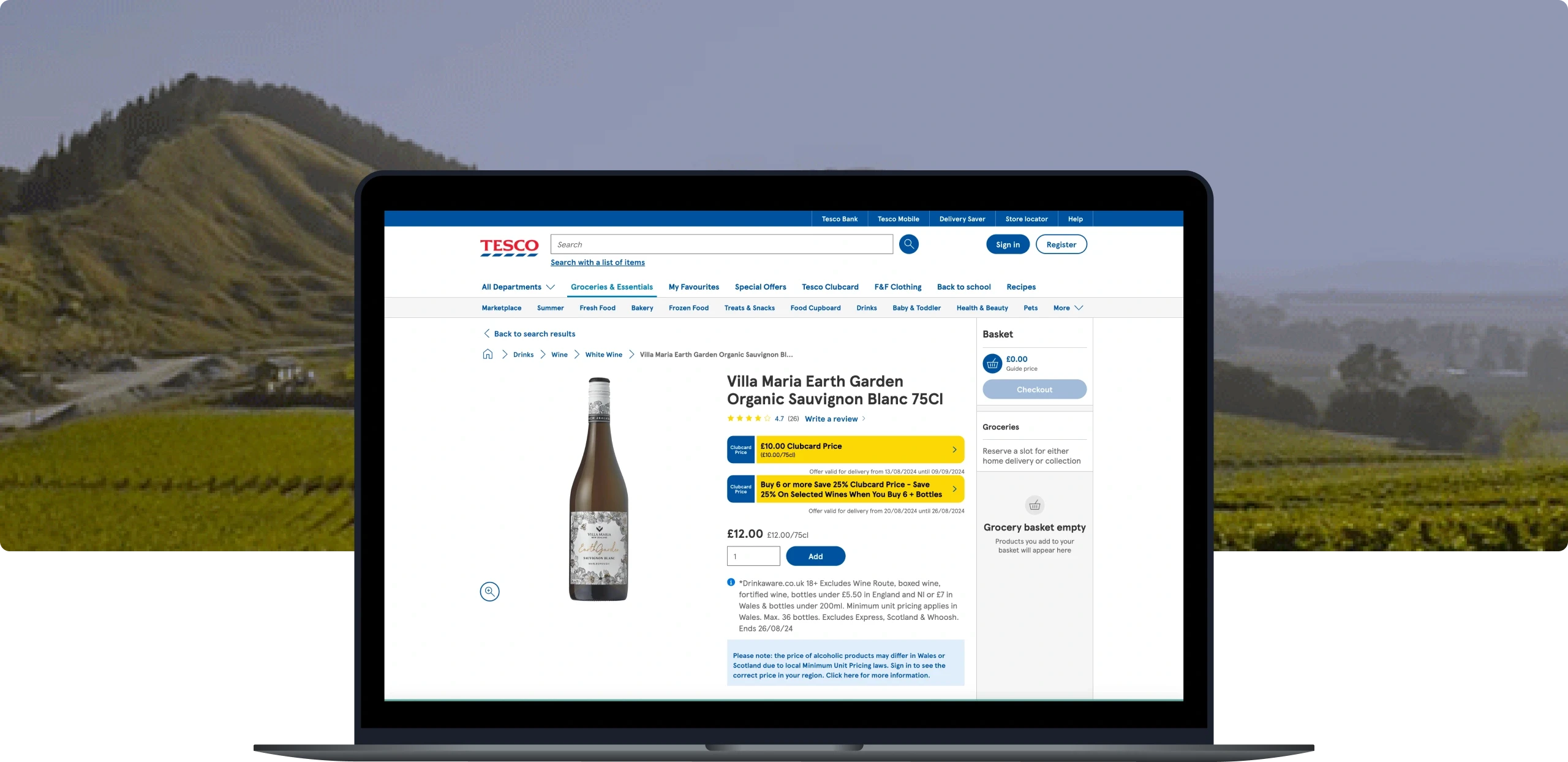 Laptop mockup with a screenshot from the Tesco website selling Villa Maria wine