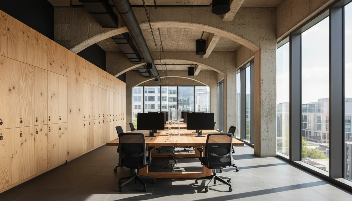 Wide-angle DSLR photograph of a modern industrial-style coworking space, bathed in warm, natural daylight from large windows, casting long shadows across the floor. The interior features a raw concrete ceiling with exposed, rough-textured arched beams and a dark grey tiled floor. A long wooden communal desk is equipped with black ergonomic office chairs, computer monitors, and clear acrylic dividers. On the left, a wall and a set of lockers are constructed from light-colored plywood. The background windows show a sunlit city view. Sharp focus, capturing the contrast between the rough concrete and the warm wood textures.