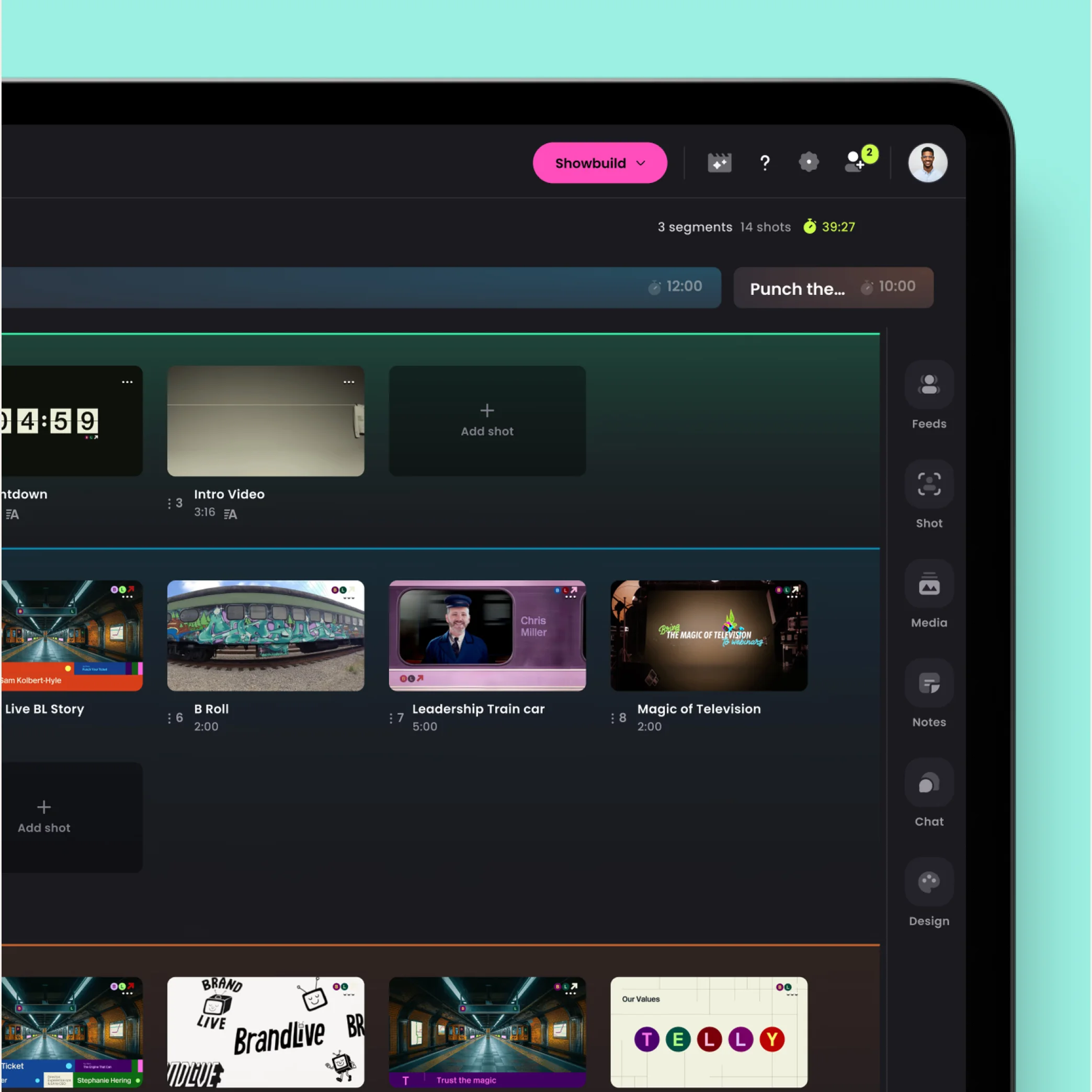 BrandTV Greenroom UI showing a showbuild timeline with segmented shot grid including countdown, intro video, and branded content clips