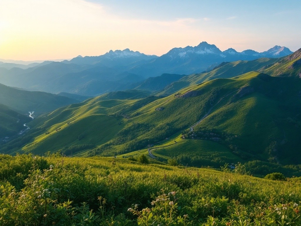 A breathtaking view of rolling green hills and valleys, with snow-capped mountains in the distance.