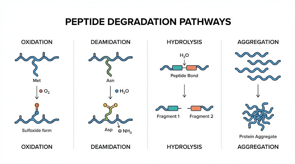 Four peptide degradation pathways in solution diagram