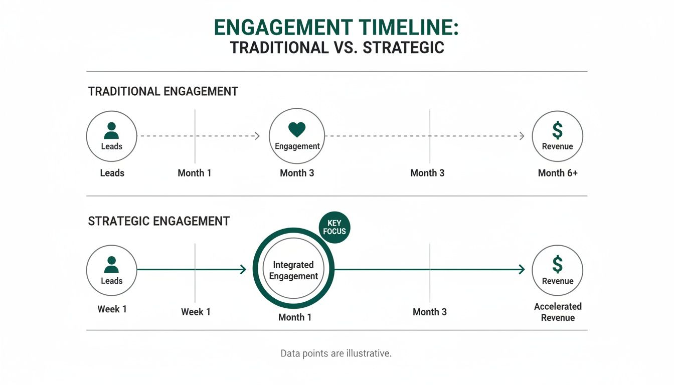 Diagram comparing traditional and strategic customer engagement timelines, showing lead conversion to revenue.