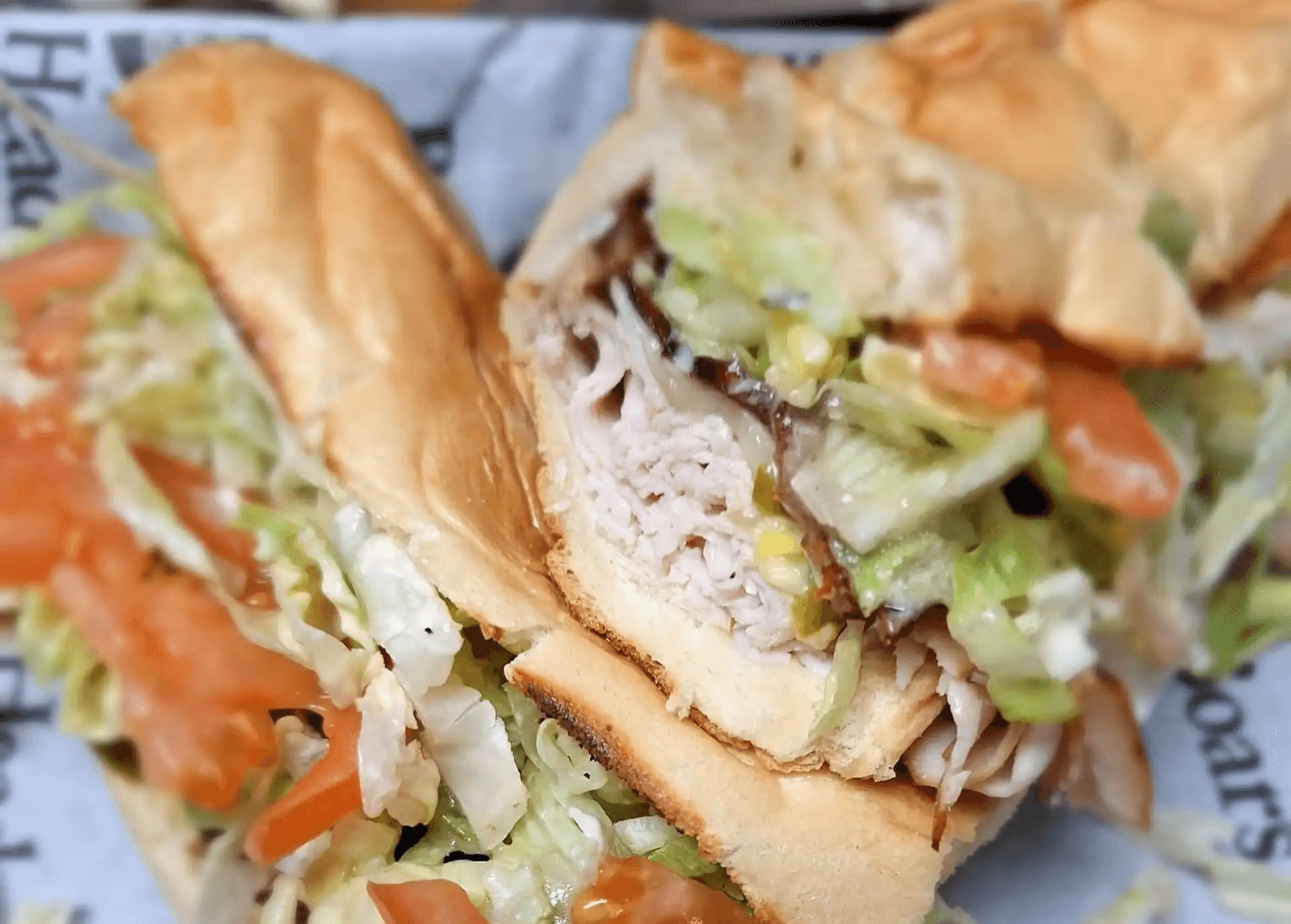 Dagger Smoked turkey, bacon strips, pepper Jack cheese, jalapeños, lettuce, tomato, red onion, mayo, and pirate sauce.