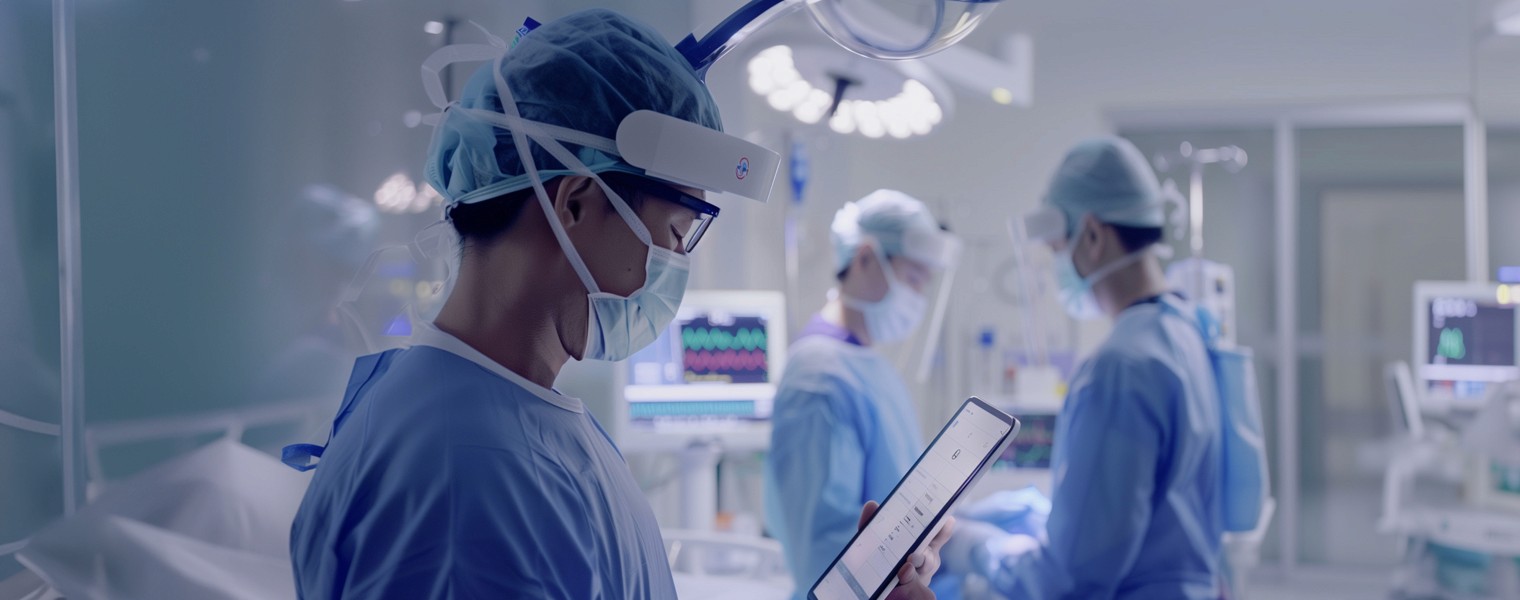 A surgeon examines a patient's EHR with GenAI in a high-tech operating room.