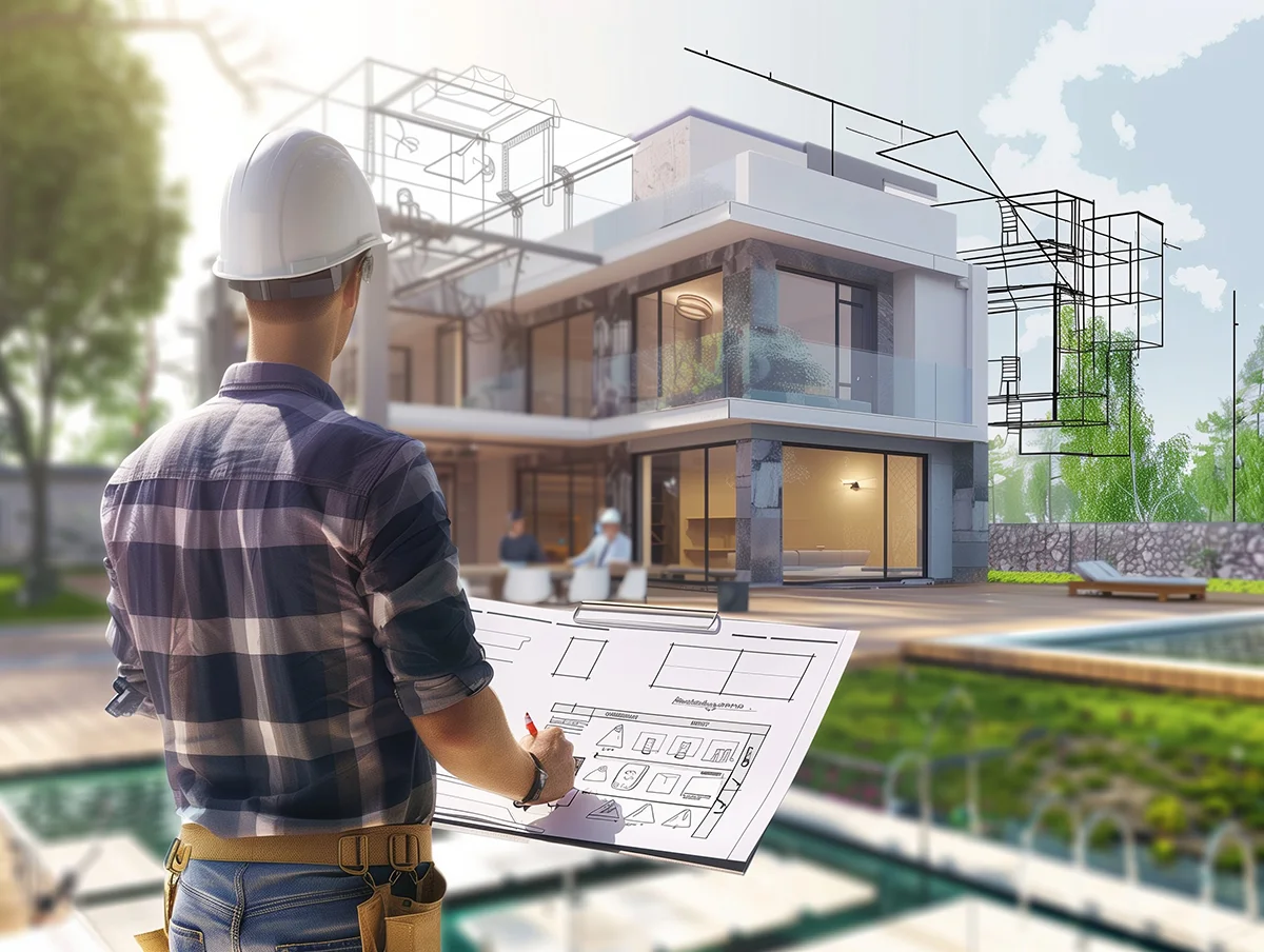 A construction superintendant visualizing plans that appear transposed over the modern home he is looking towards.