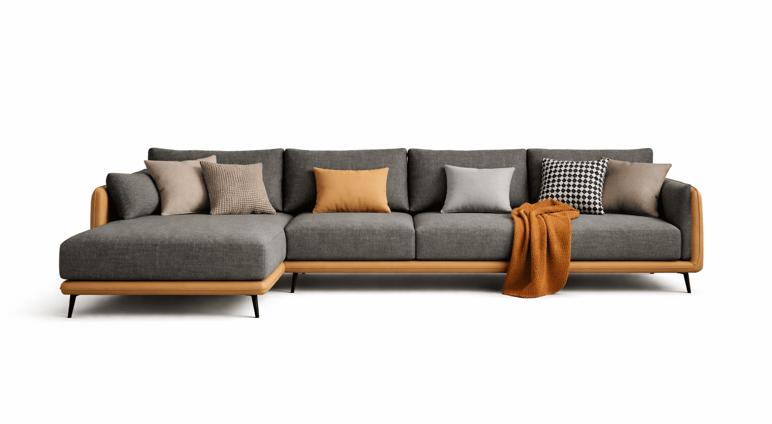 Dark‑toned lounge sofa with plush cushions and intimate, moody characte