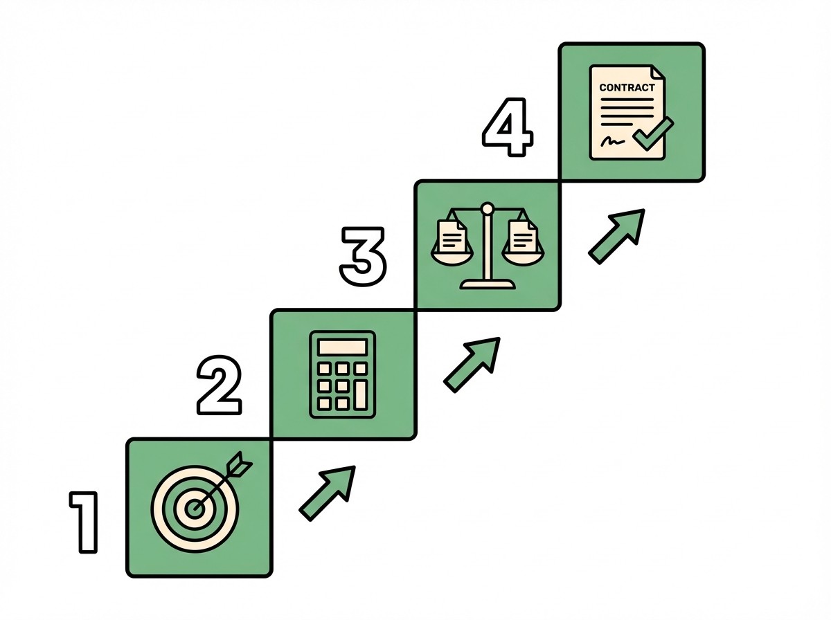 Aufsteigende Grafik mit 4 Schritten: 1. Zielscheibe, 2. Taschenrechner, 3. Waage, 4. Vertrag.