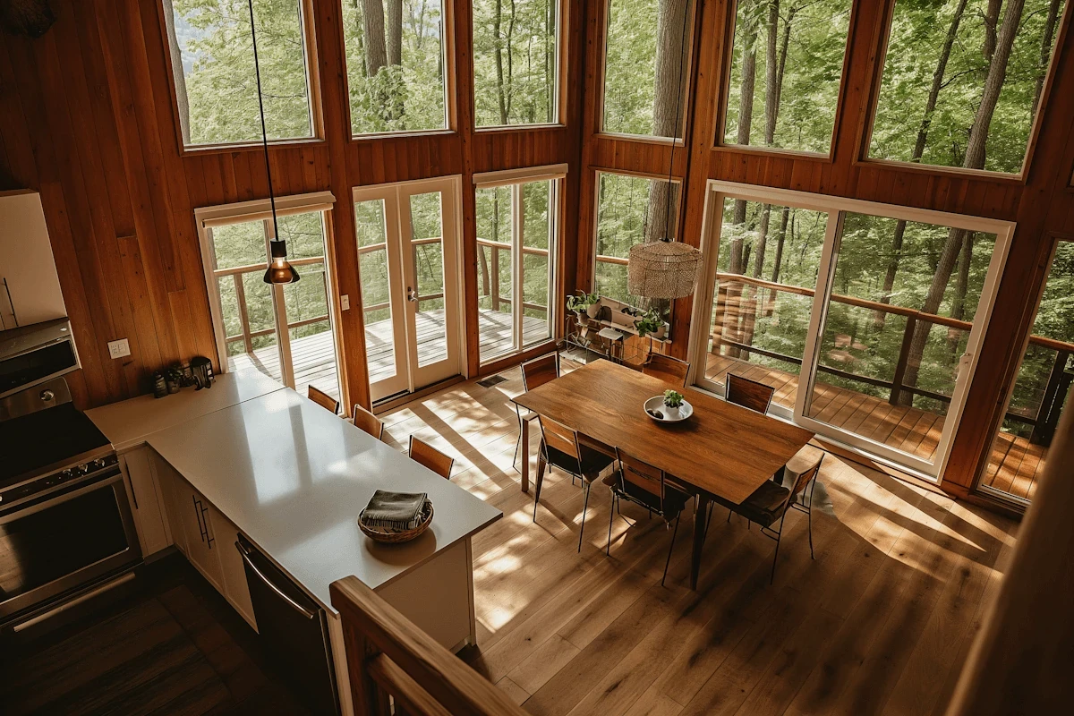 Bright, wood-paneled living space with large windows showcasing forest views.