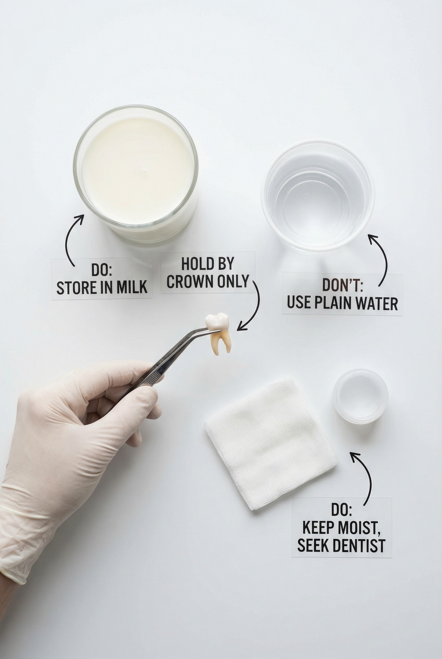 Knocked-out tooth preservation guide showing milk storage and proper handling methods for emergency replantation