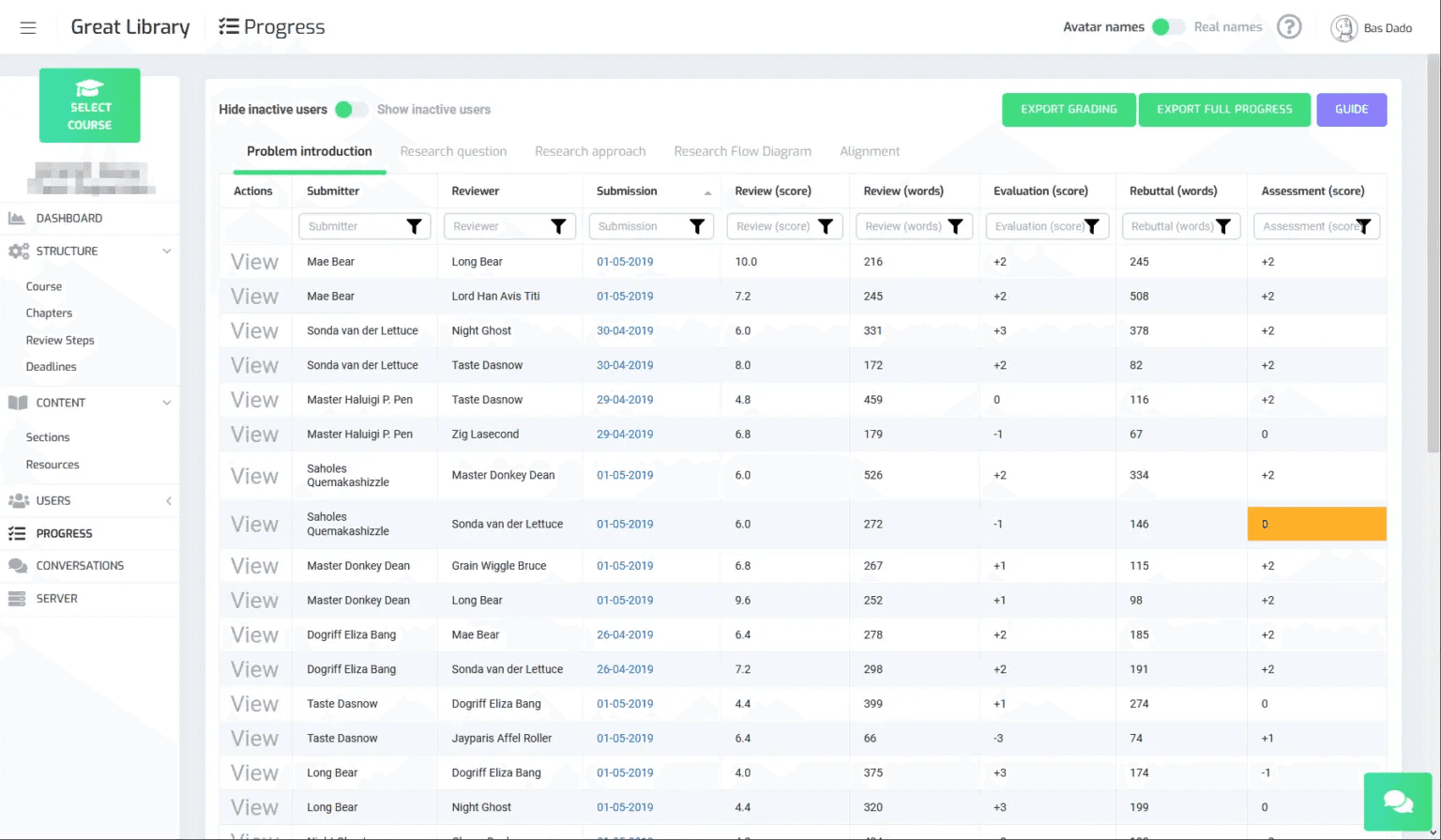 Screenshot van het portaal voor de docenten