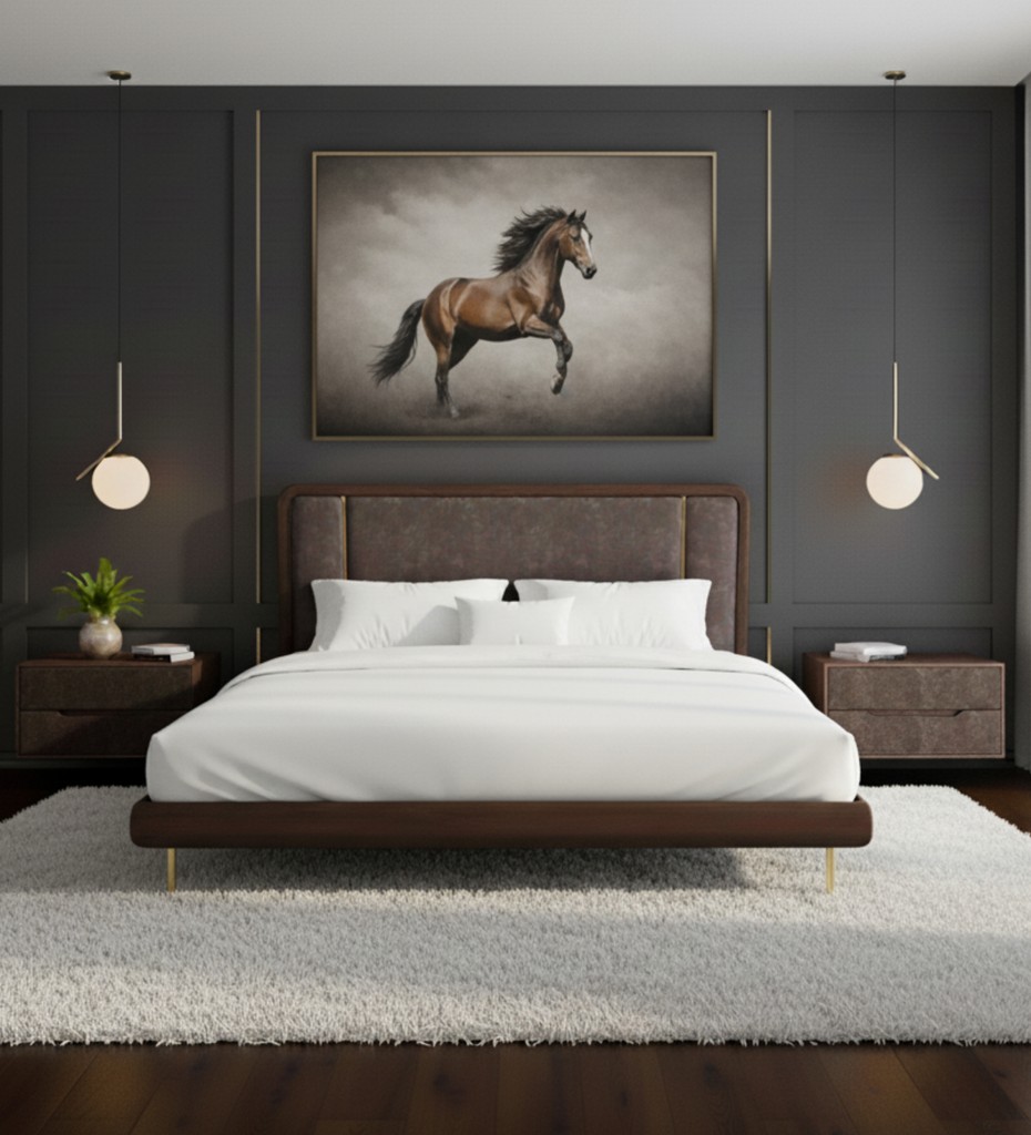 Platform bed featuring a padded headboard, low frame height, and streamlined structure