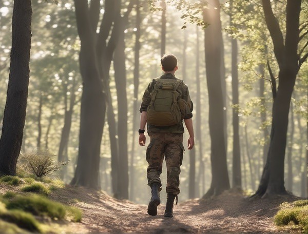 young man walking in nature and carrying a military backpack