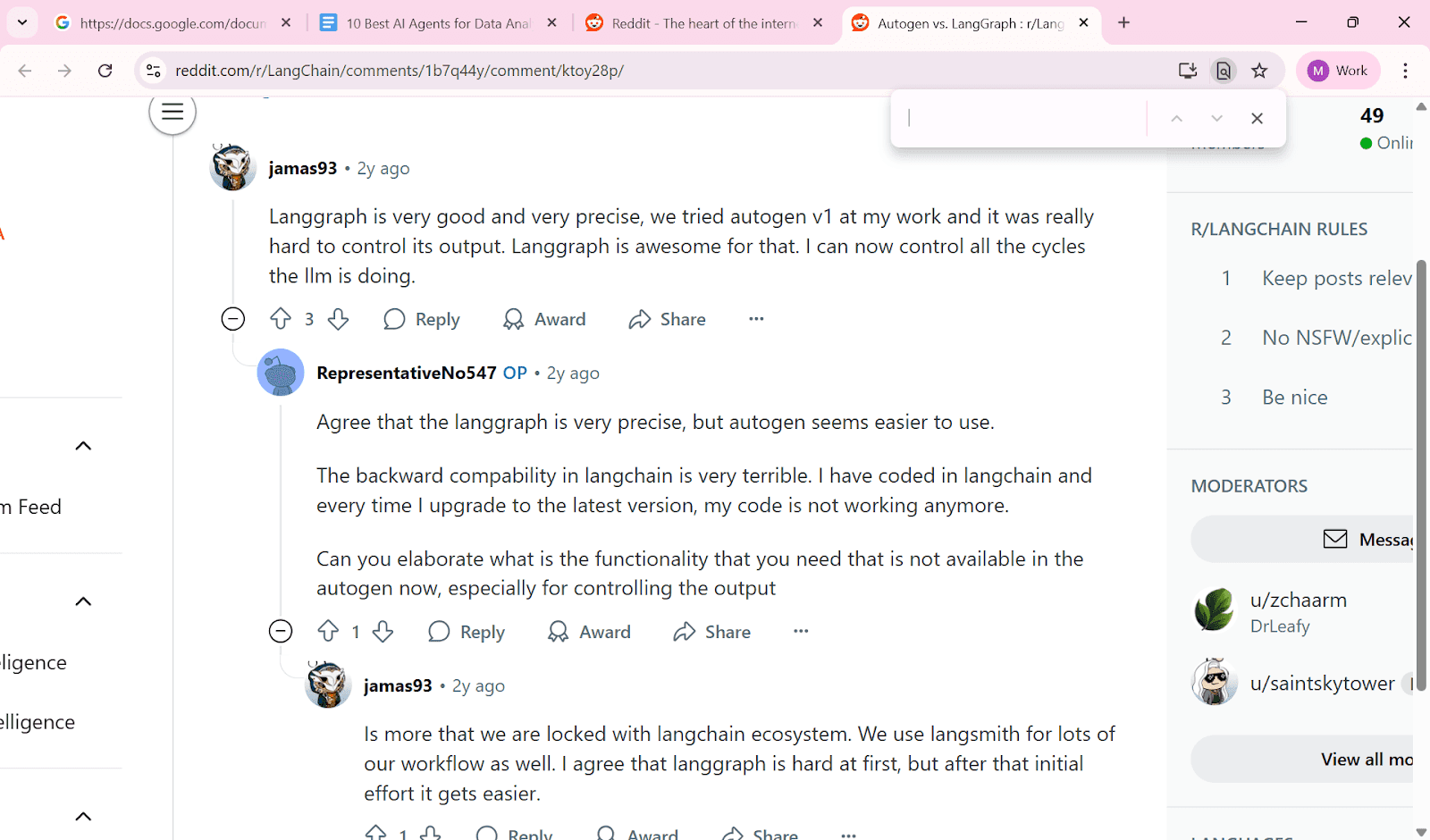 Reddit discussion comparing Autogen and LangGraph for controlling AI agent behavior and execution cycles