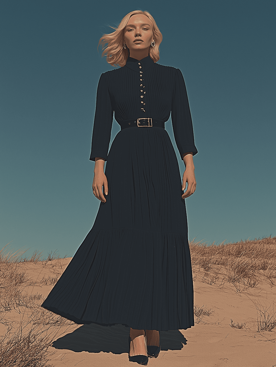 A woman in a long, dark pleated dress standing in a vast, sunny desert landscape under a clear sky.