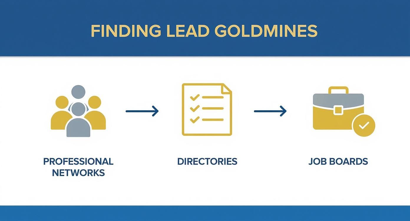Infographic showing the process flow of finding lead goldmines online, from professional networks to directories and job boards.