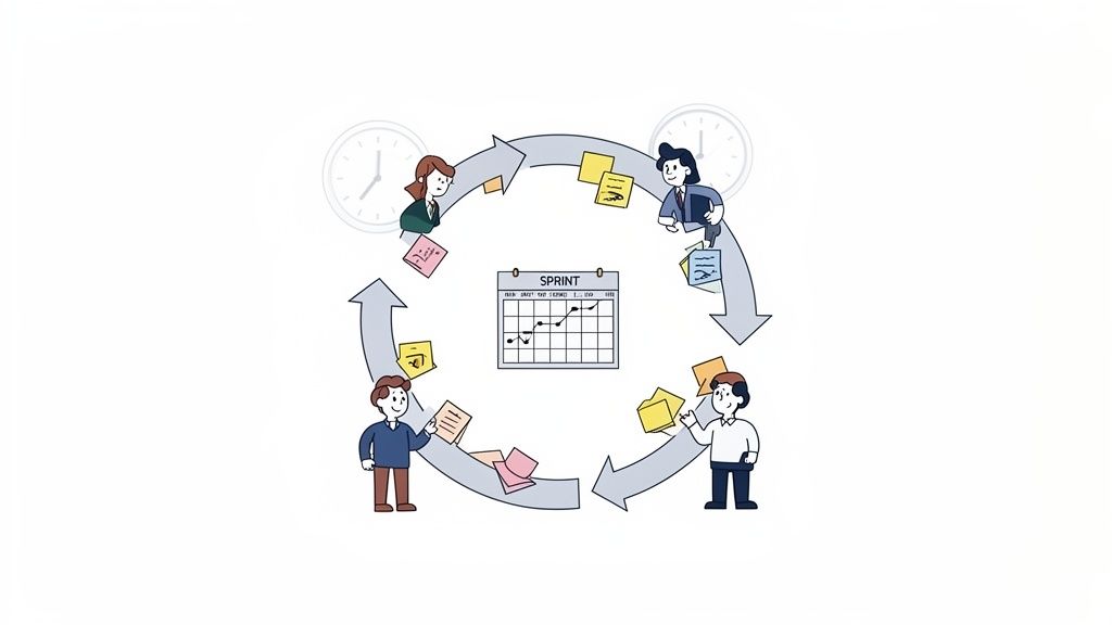 Illustration of an Agile Scrum sprint cycle with a team, tasks, and a calendar.