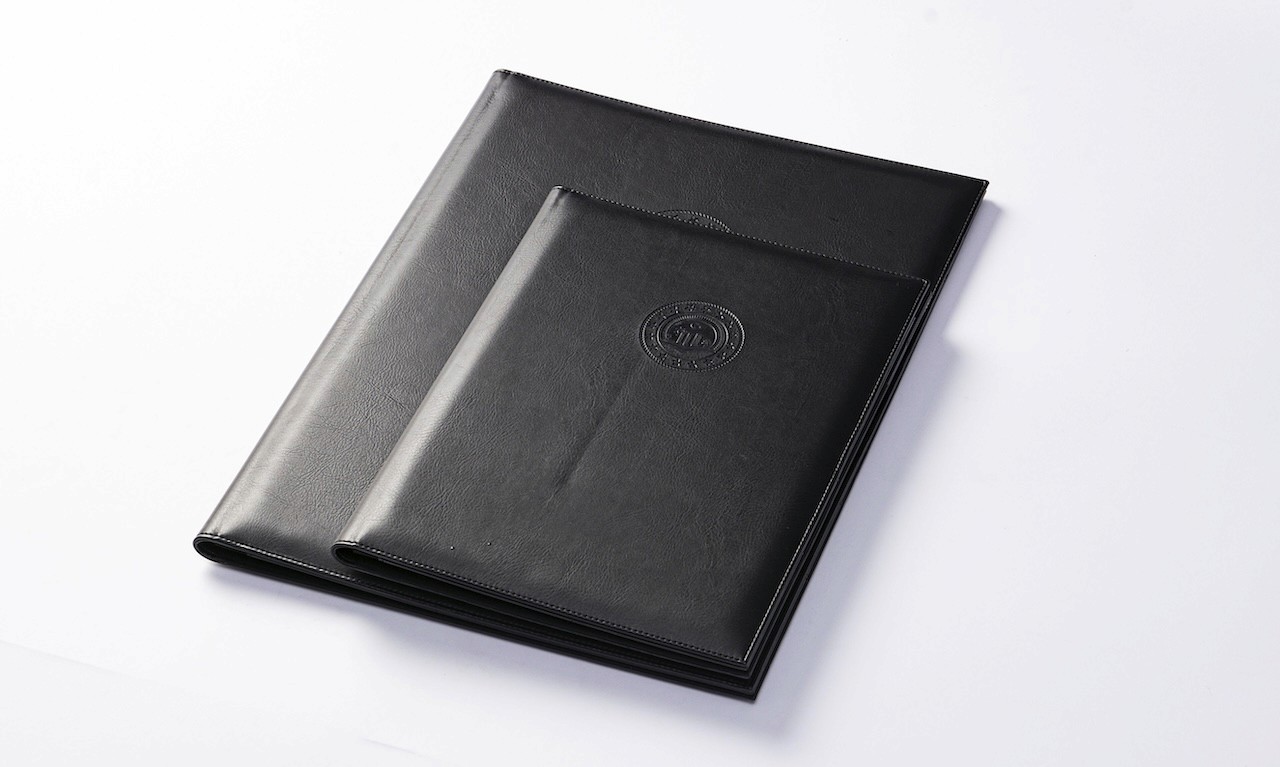 Custom branded leather padfolio with suede interior