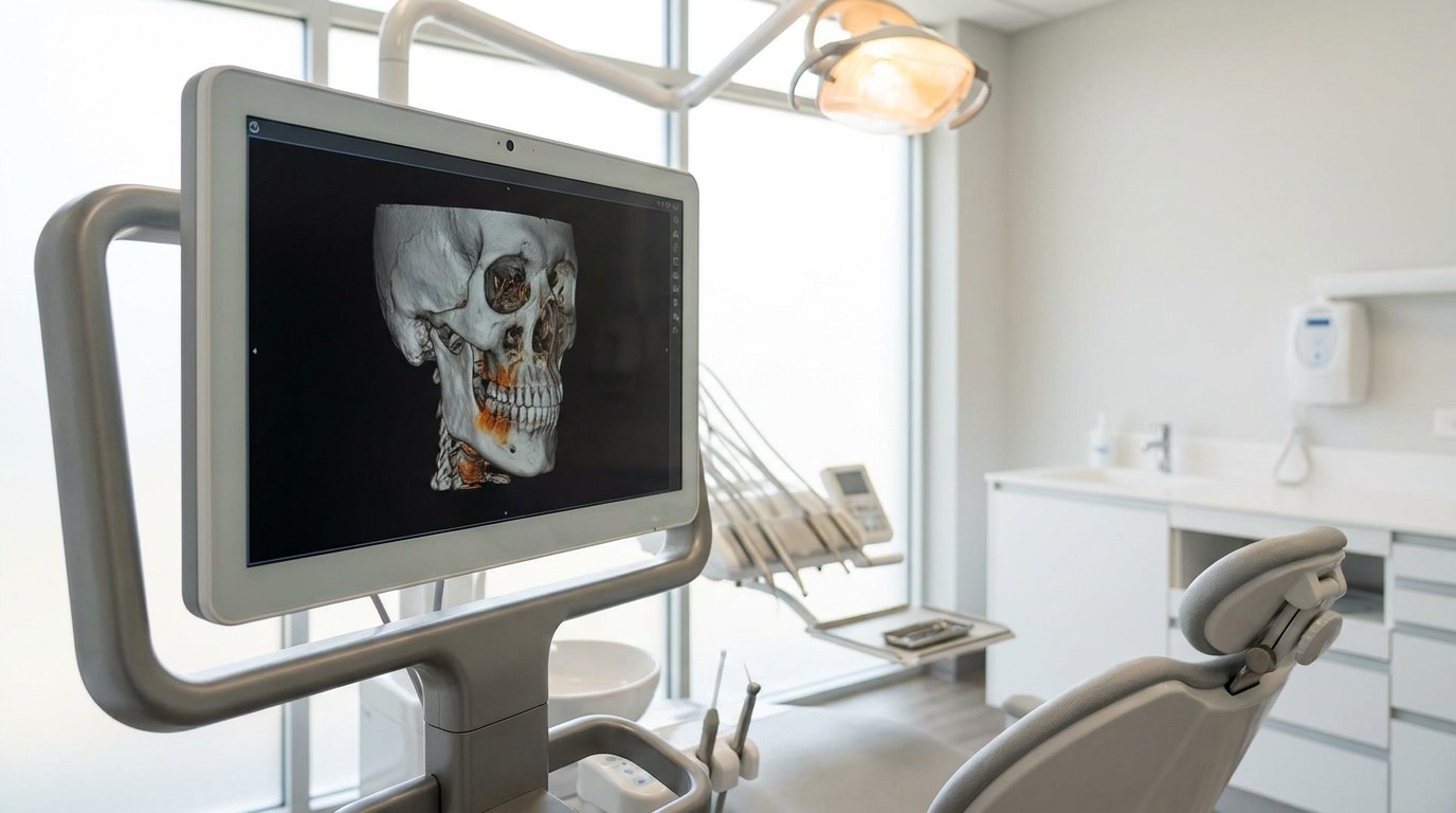 A 3D cone beam CT scan of a jaw shown on a monitor in a dental treatment room.