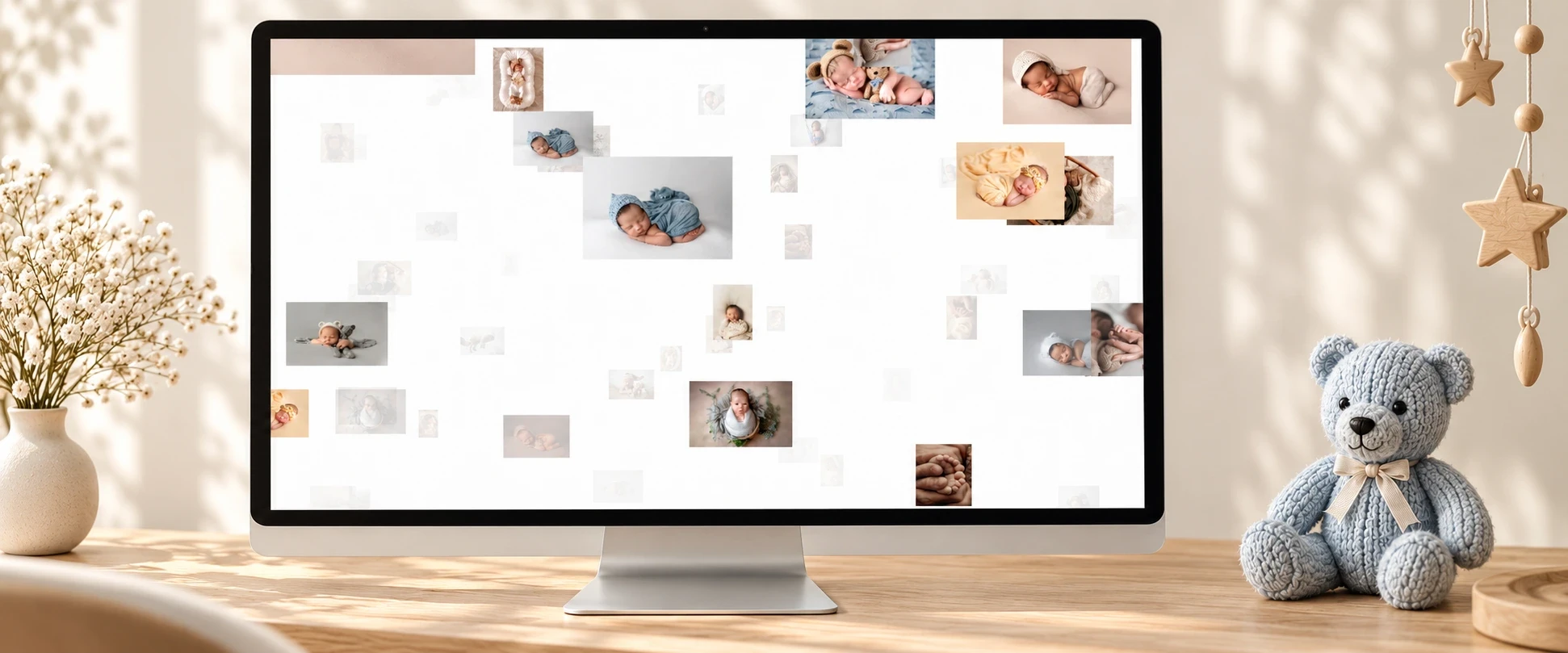 Infinite Canvas auf einem Display mit frei verteilten Babyfotos im weißen Raum, neben einem blauen Strickteddy
