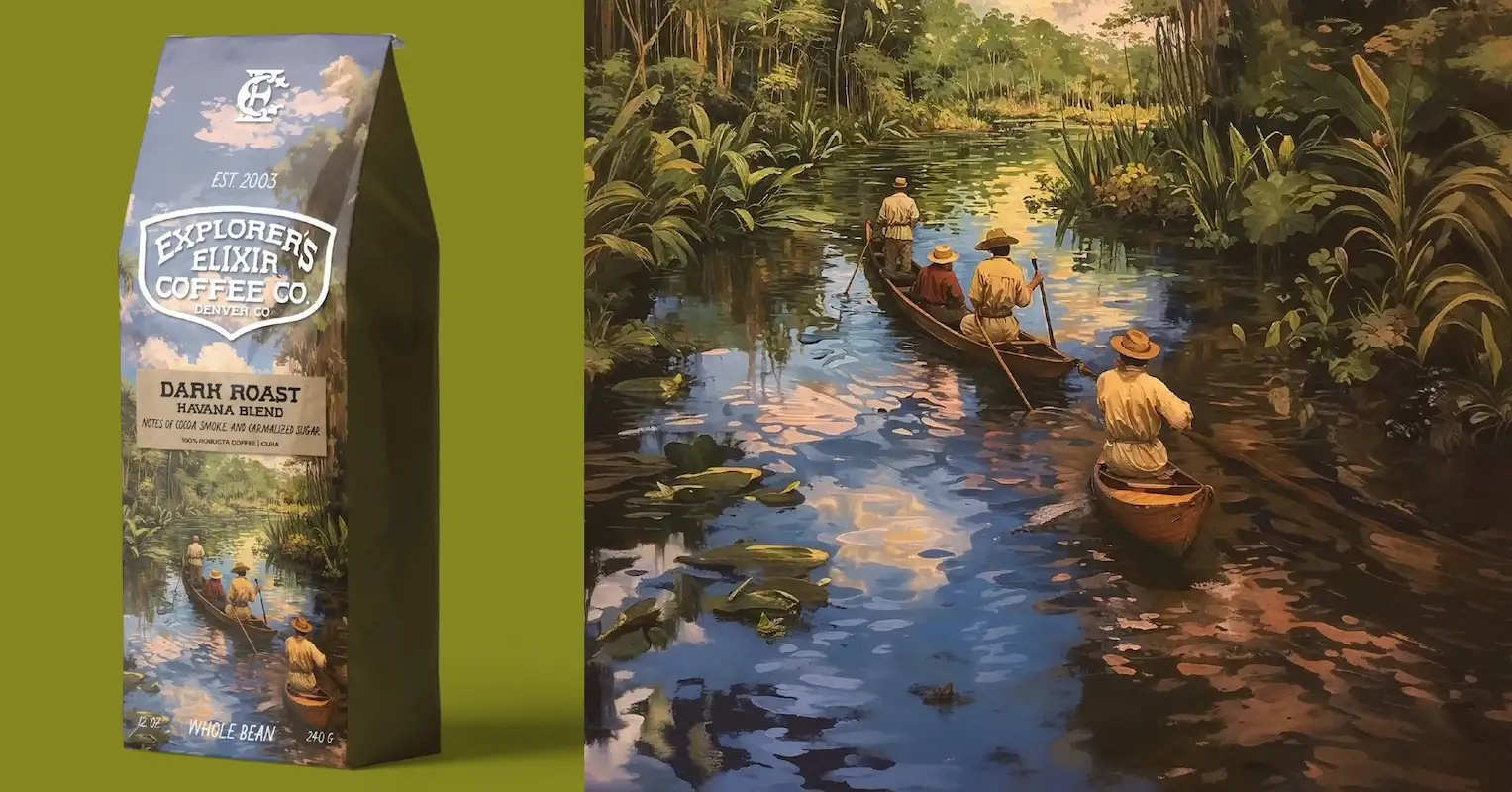 Explorer Elixir Coffee Packaging + AI Artwork
