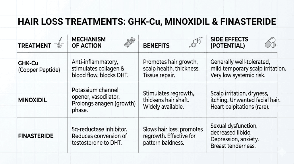 GHK-Cu vs minoxidil vs finasteride hair treatment comparison