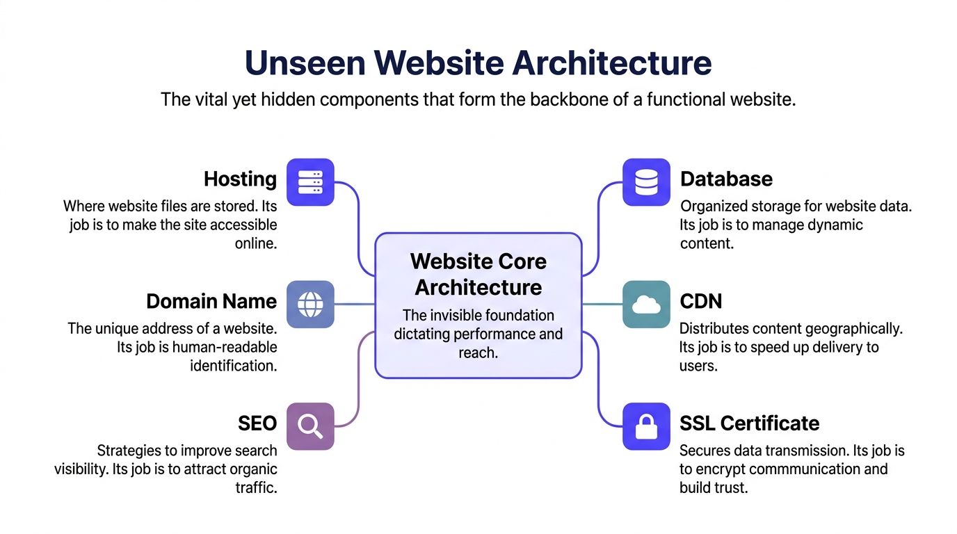A diagram illustrating the essential components of website architecture including hosting, database, domain, CDN, SEO, and SSL.