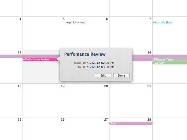 A calendar page displays a gray box titled “Performance Review,” indicating a scheduled review period. The box specifies the review is from 06/12/2012 at 02:00 PM to 06/12/2012 at 03:00 PM. The calendar shows “Tiffany in Town” scheduled for May 28th, with “PAY DAY!!” noted next to it. The start date is marked as 27, and the day is highlighted in purple.