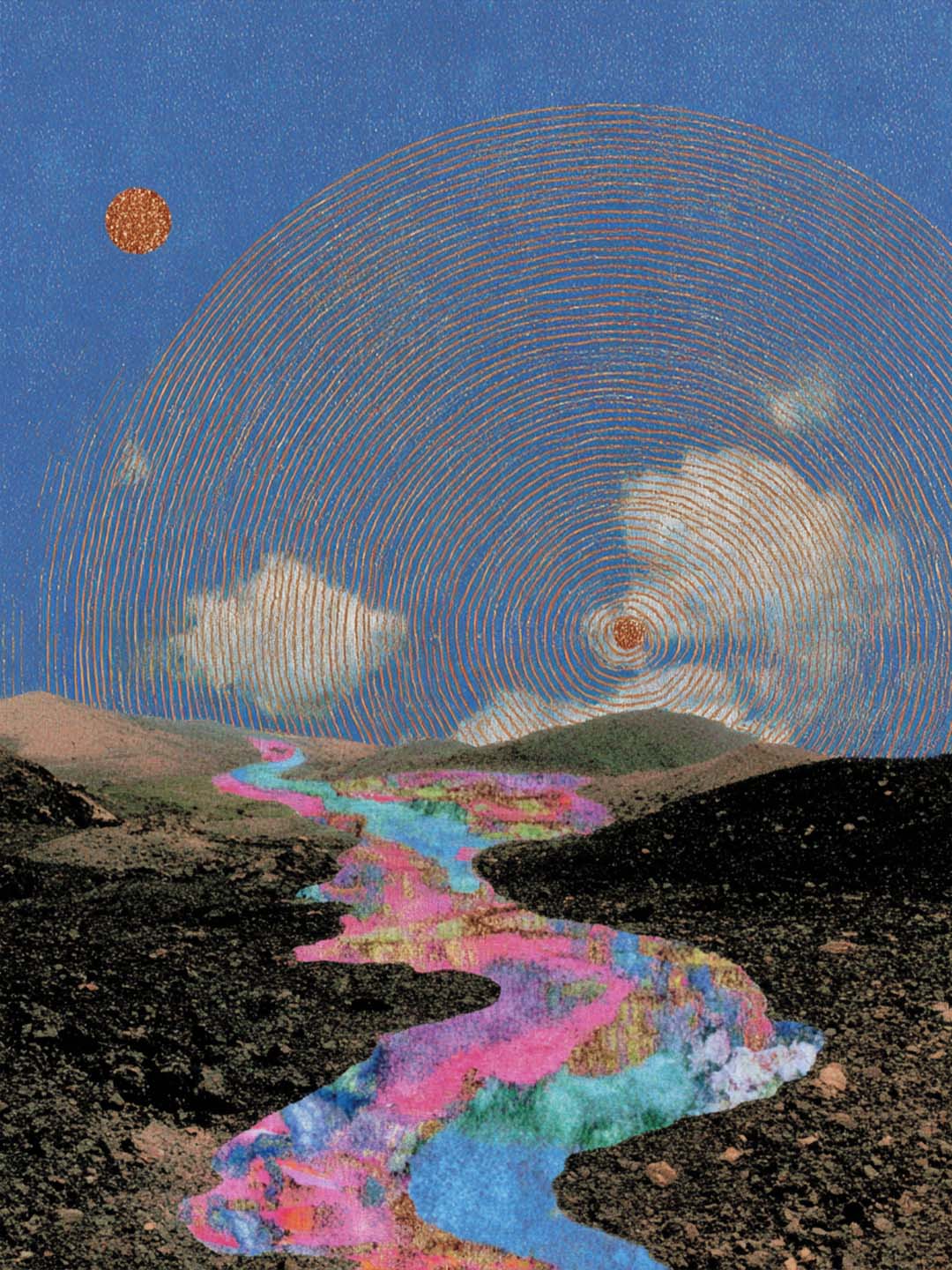 Surreal landscape with rainbow river under circular sky pattern, conceptual digital artwork.
