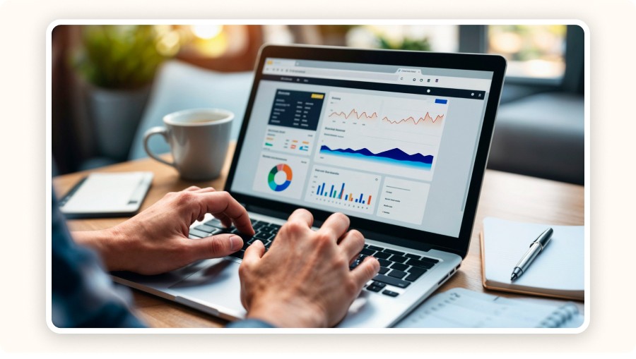 Analyse de données marketing sur ordinateur portable avec graphiques statistiques.