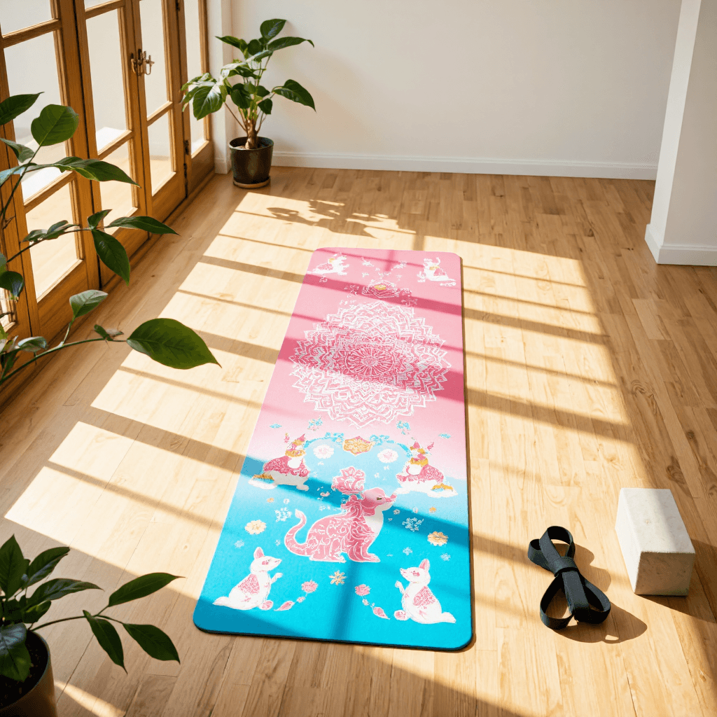 product photography of a yoga mat with a colorful design