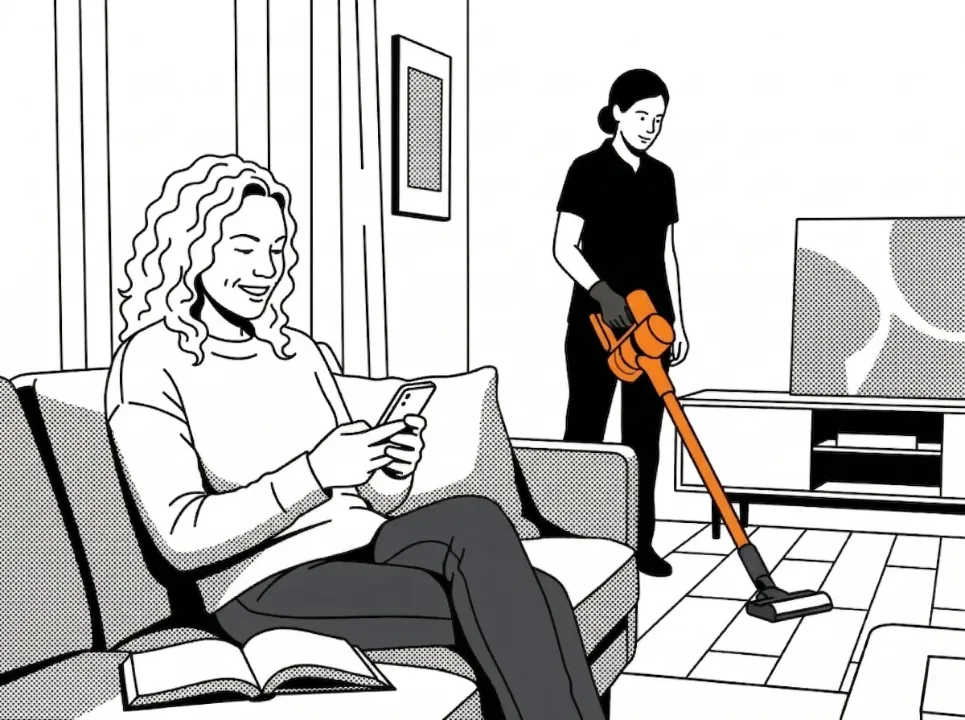 Une femme sur son smartphone pendant qu'une aide ménagère Widy's utilise un aspirateur orange au salon