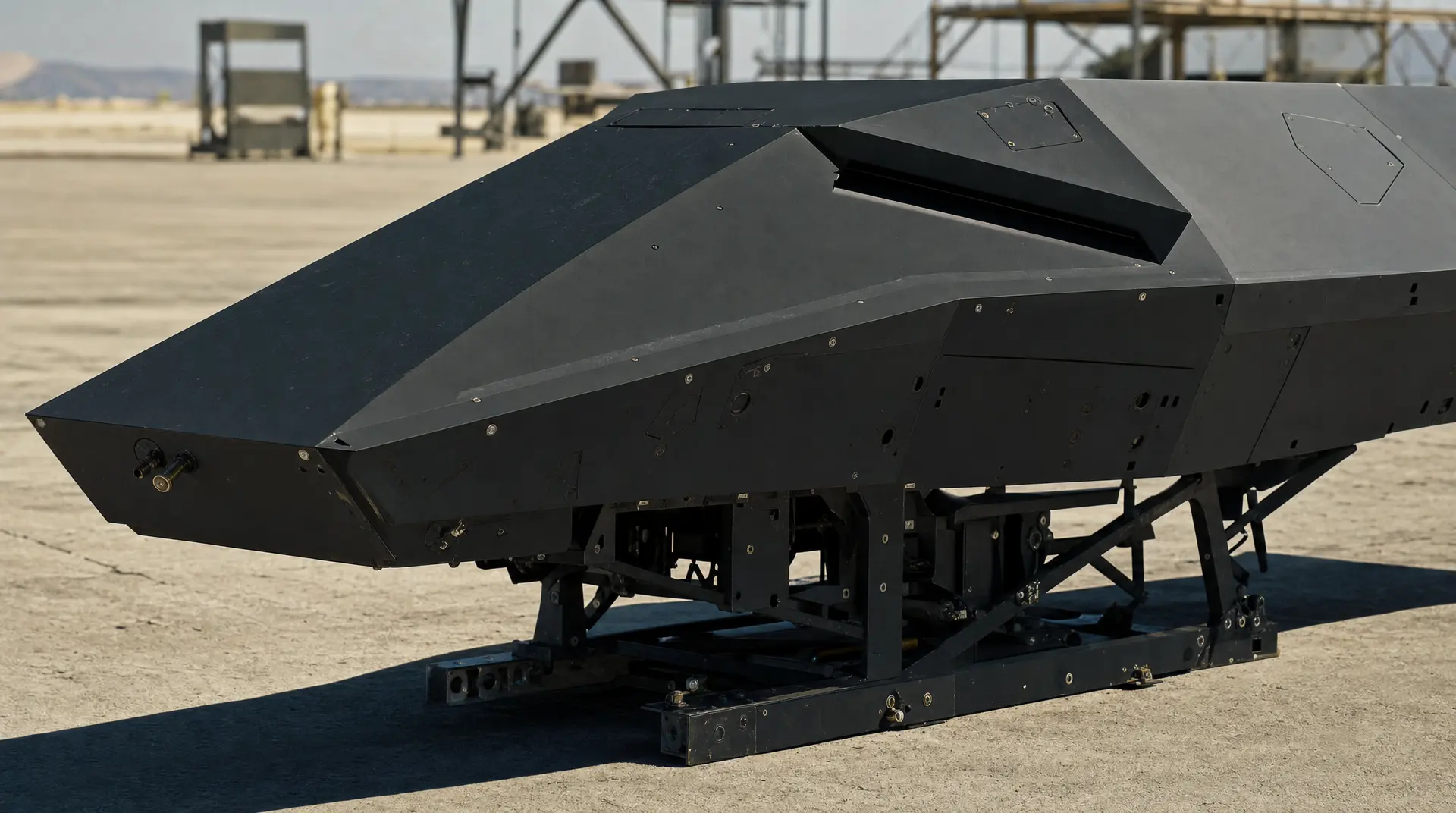 A matte-black defense payload unit on a concrete airfield, reflecting defense tech startup branding and enterprise-ready engineering.