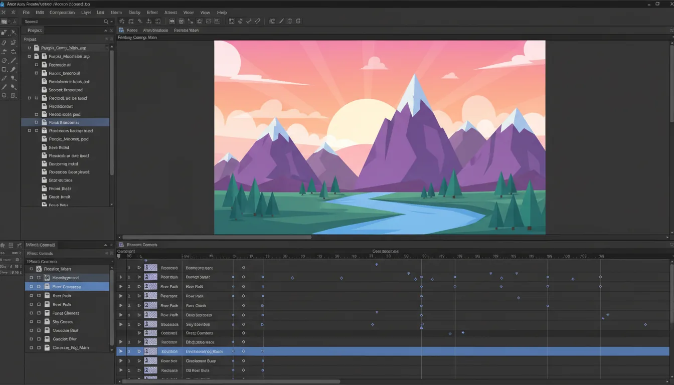 A high-resolution screenshot of the Adobe After Effects software interface in Modern Dark Mode. The layout is complex, featuring a top toolbar with icons, a left project panel, and a detailed bottom timeline with layers and placeholder data. The central composition panel displays a vibrant, colorful flat vector illustration of a fantasy landscape with purple mountains under a pink and orange sky. The UI elements are crisp, with muted blue and purple accent colors for selections and keyframes.