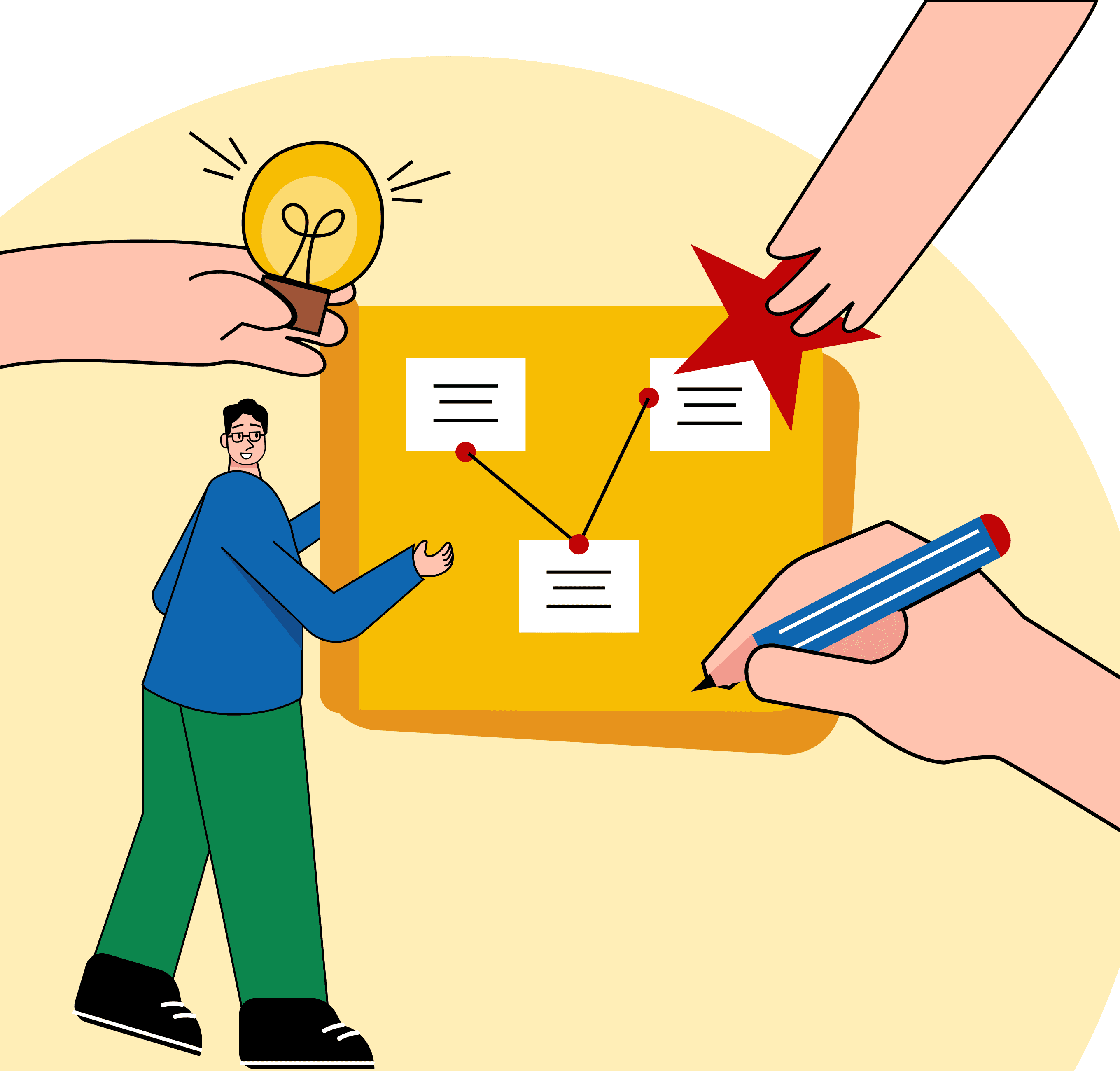 Illustration of a team connecting ideas and decisions, representing a lean approach for B2B startup growth.