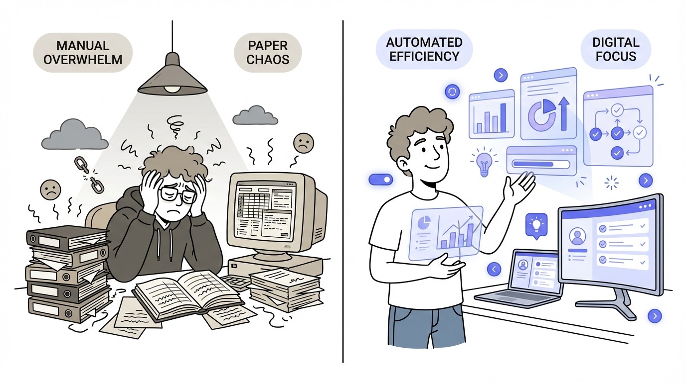 A split illustration showing a contrast between manual and automated work. On the left, a frustrated person is overwhelmed by piles of paper and an old computer. On the right, the same person is calm and efficient, using modern digital interfaces for automated tasks.