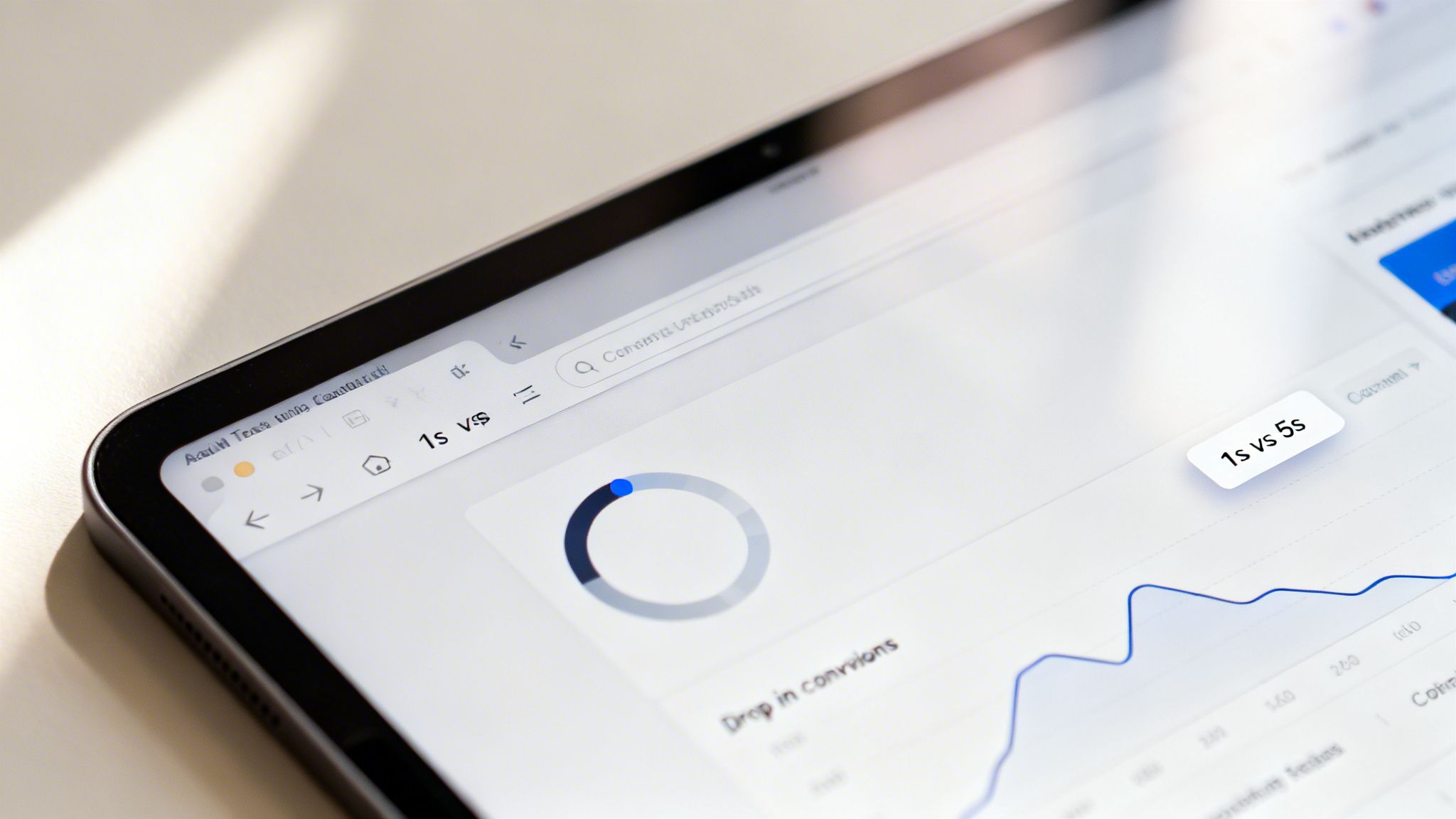 Close-up of a tablet screen displaying a data analytics dashboard with graphs and metrics, including '1s vs 5s' and 'Drop in conversions'.