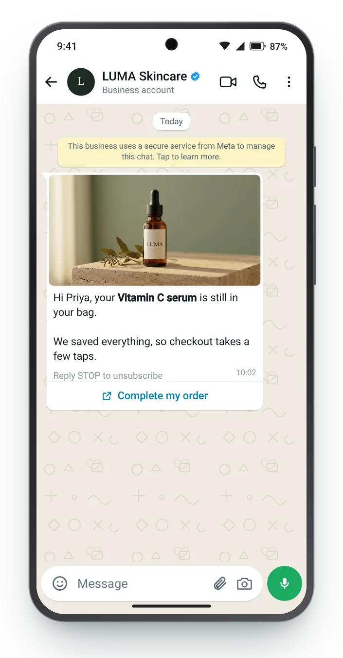 Product image and checkout button: WhatsApp cart reminder on an Android phone