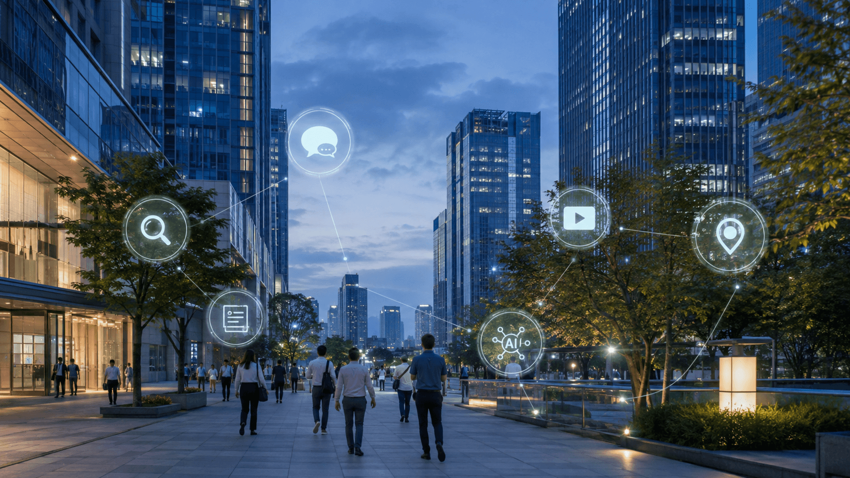 Business professionals walk through a modern Chinese city district at dusk, with digital icons for search, chat, video, location, and AI connected across the skyline.