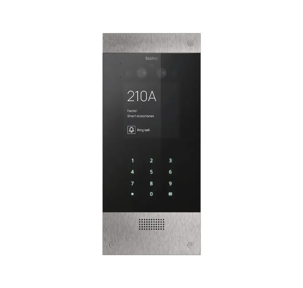 Black smart home device with screen showing time and temp