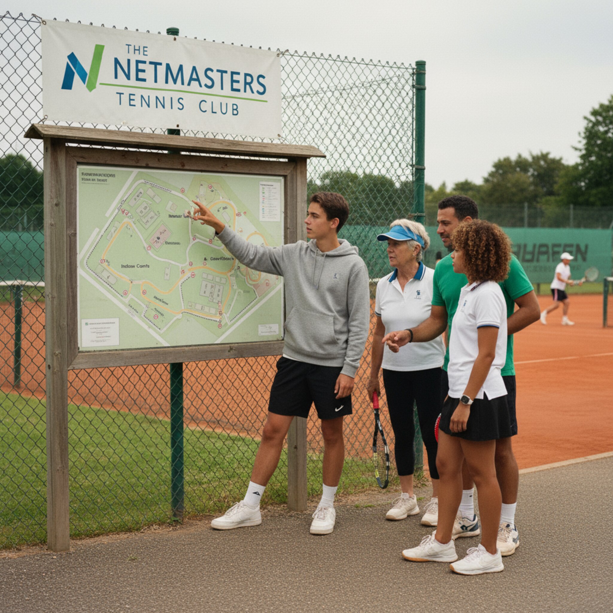 Vor einem großen Lageplan der Anlage zeigt ein Jugendliche auf die Hallenplätze, während eine Gruppe daneben die Wege zu den Außenplätzen diskutiert. Hinter ihnen hört man das typische Quietschen der Schuhe auf Sand. Ein Banner mit Vereinslogo hängt am Zaun.