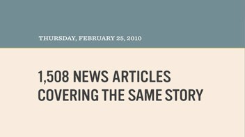 The image displays a light beige or cream-colored banner with a dark teal header. The header contains the text "THURSDAY, FEBRUARY 25, 2010" in white. Below the header, the main content reads "1,508 NEWS ARTICLES COVERING THE SAME STORY" in black text.