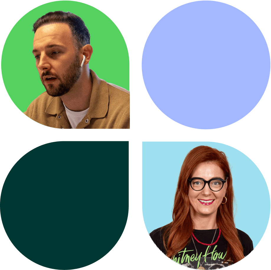 Two team members in coloured shapes: a bearded man in a tan overshirt mid-conversation, and a smiling woman with red hair and glasses, beside lilac and dark green shapes